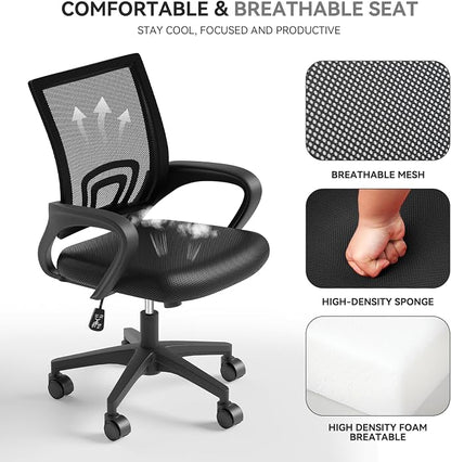 Office Chair, Ergonomic Mid-Back Mesh Desk Chair with Lumbar Support, Adjustable Height Computer Chair with Rolling Wheels Design,Comfy Armrest for Work, Study, Gaming, 10 Pack, Black