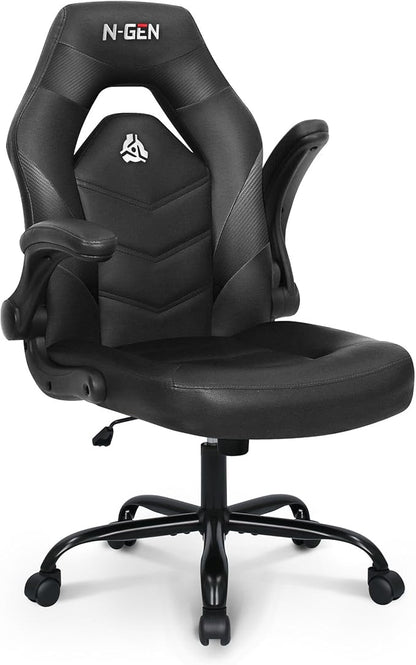 N-GEN Video Gaming Computer Chair Ergonomic Desk Office Chair for Adults with Lumbar Support Flip-Up Arms Adjustable Height Swivel Wheels PU Leather Executive Design for Home and Office (Jet Black)