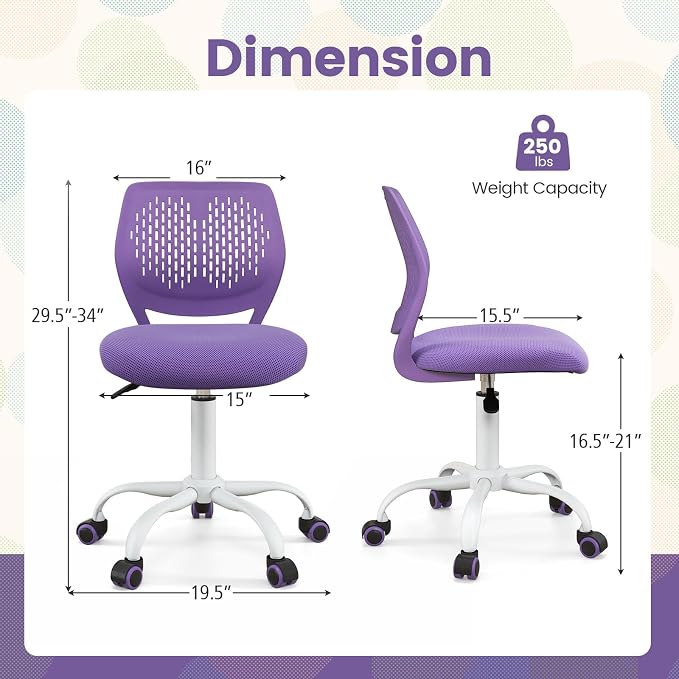 POWERSTONE Small Home Office Desk Chair, Swivel Rolling Study Computer Chair, Adjustable Height Task Chair with Armless Mid Back, Upholstered Mesh Seat, Purple