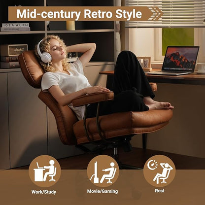 Home Office Chair,Ergonomic Computer Chair with Lumbar Support Adjustable Height,Mid-Century Modern Office Chair with Rolling Swivel Chair for Home Office Game Study(Suede Leather Chair,Light Brown)