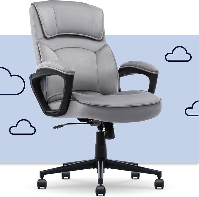 Serta Comfort Classic Executive Office Chair, Ergonomic Mid-Back Computer DeskChair with Lumbar Support, Semi-Plush Cushion and Body Pillows, Padded Armrests, Swivel Base, Gray Velvet Fabric