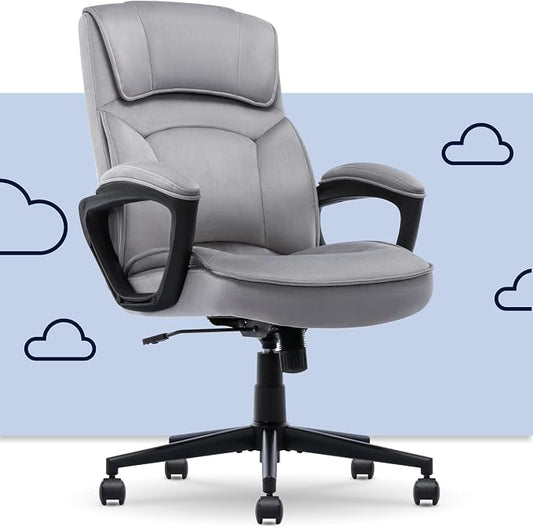 Serta Comfort Classic Executive Office Chair, Ergonomic Mid-Back Computer DeskChair with Lumbar Support, Semi-Plush Cushion and Body Pillows, Padded Armrests, Swivel Base, Gray Velvet Fabric