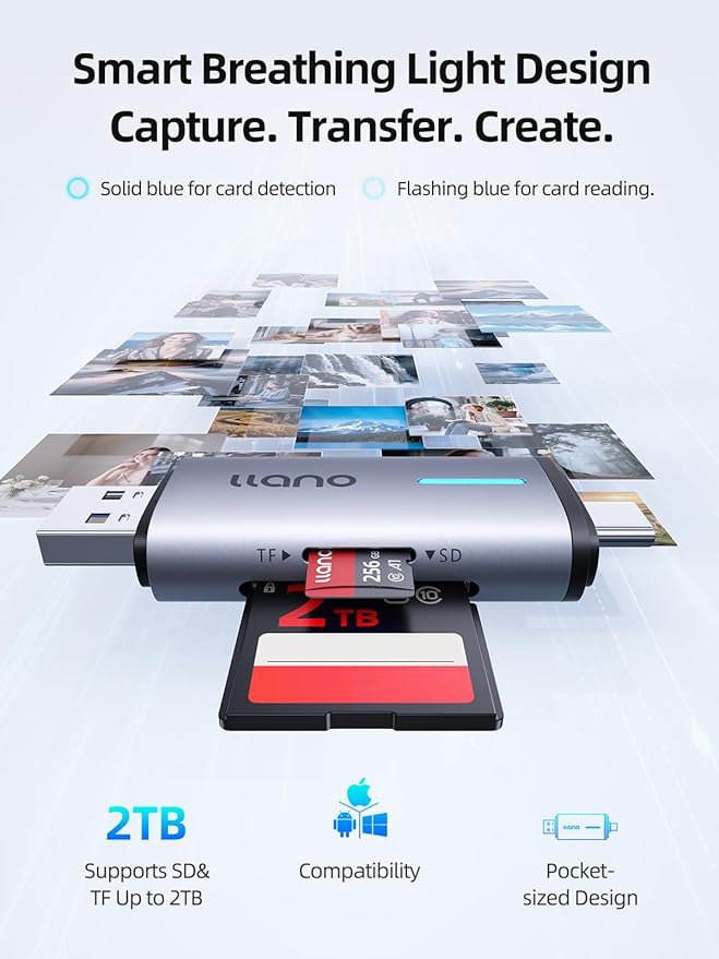 llano Micro SD Card Reader, 2 in 1 USB C 3.0 SD Card Reader Dual Slots Card Adapter, Memory Card Reader for MicroSD, SDHC, SDXC, Compatible with iPhone 17/16/15, MacBook, iPad, Android, Computer