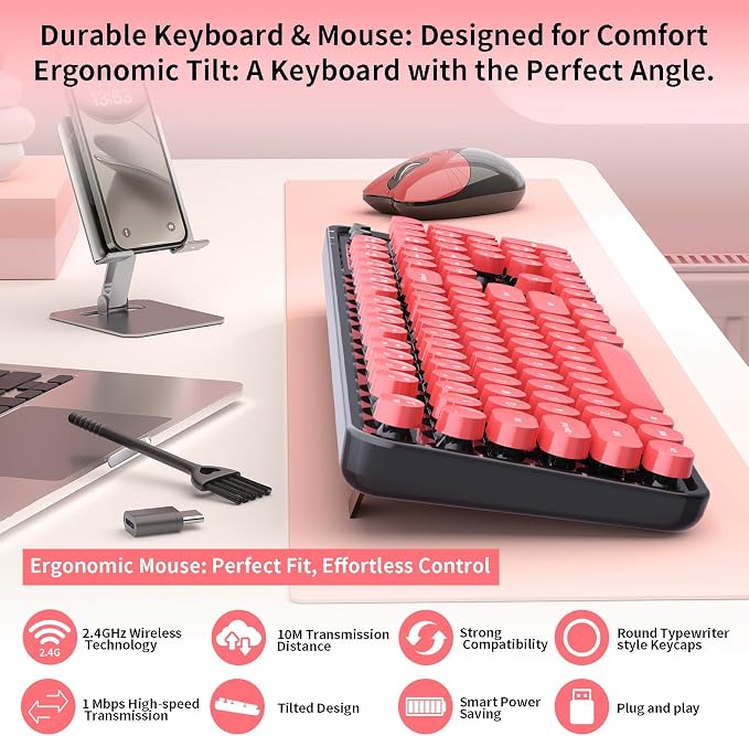 Wireless Keyboard and Mouse, 104 Round Keycaps Retro Typewriter with OTG & Brush, Full-Size Ergonomic, Ideal for Windows PC, Home, Office and College Black Red