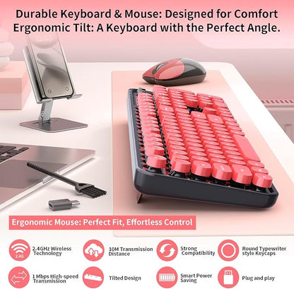 Wireless Keyboard and Mouse, 104 Round Keycaps Retro Typewriter with OTG & Brush, Full-Size Ergonomic, Ideal for Windows PC, Home, Office and College Black Red