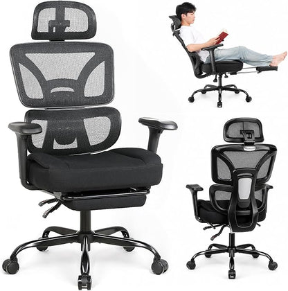 Ergonomic Office Chair with Footrest - High Mesh Back Computer Desk Chair | with Back Support, 135° Reclining, 4D Armrest & Headrest, 400lbs Thickened Seat Cushion, for Home Office, Work & Gaming