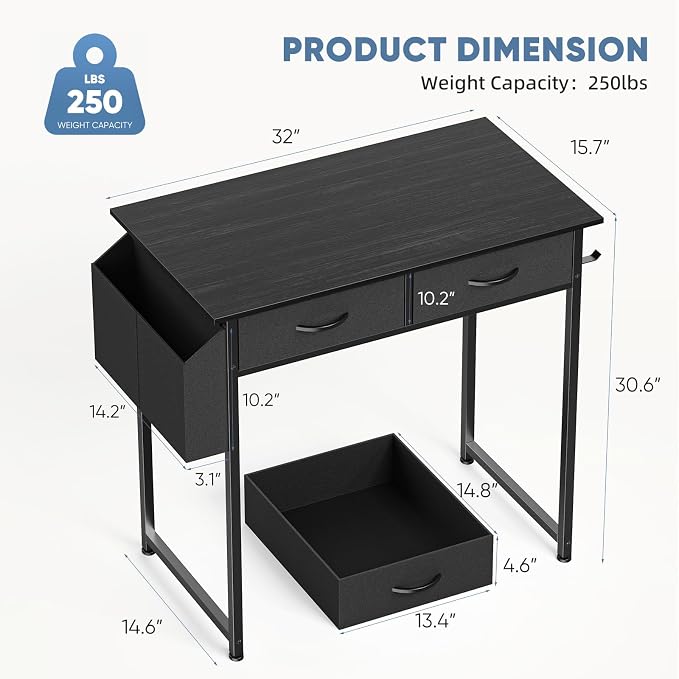 32" Small Gaming Desk with Drawers, Home Office Computer Writing Study Table with Storage Side Bag, Headphone Hook, and Adjustable Feet for Bedroom, Black