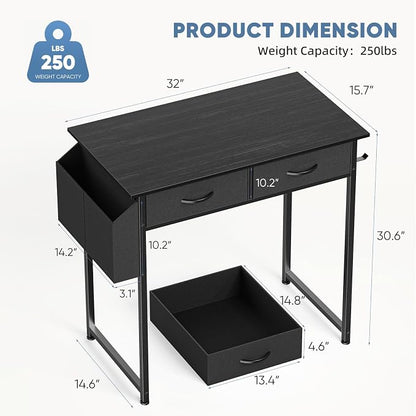 32" Small Gaming Desk with Drawers, Home Office Computer Writing Study Table with Storage Side Bag, Headphone Hook, and Adjustable Feet for Bedroom, Black