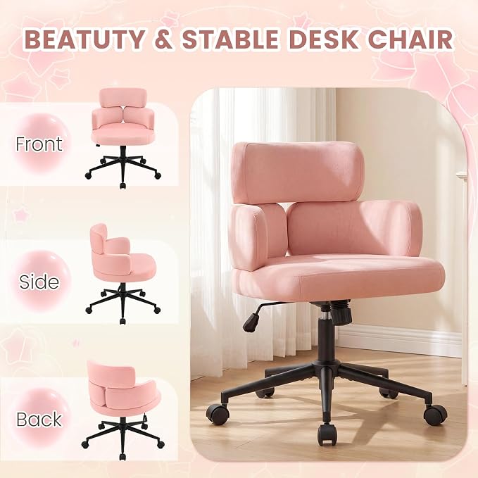 Home Office Chair with Unique Curved Back, Cute Pink Upholstered Wide Seat Desk Chair with Wheels,Swivel Tilt & Height Adjustable, Plush Velvet Fabric Matel Base for Home Office Vanity, Pink
