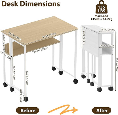 GAOMON 31.5" Folding Desk Rolling Desk with Storage Shelf,Space-Saving Foldable Computer Desk with Wheels,Portable Mobile Couch Sofa Side Table for Small Spaces, Home Office, Study, Easy Assembly,Oak