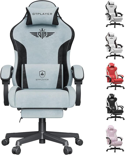GTPLAYER Gaming Chair, Computer Office Chair Lumbar Support, Linkage Armrests and Footrest, Ergonomic Game Chair for Adults with Extended Backrest, Velvet Fabric, Light Blue