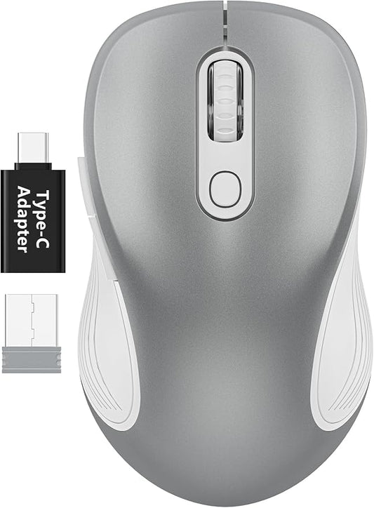 WisFox 2.4G Wireless Mouse for Laptop, Ergonomic Computer Mouse with USB Receiver and Type-C Adapter, 3 Adjustable Levels DPI, 6 Button Cordless Wireless Mice (Silver)