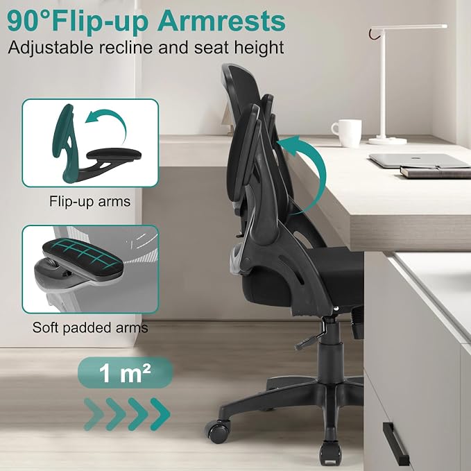 Office Chair, Ergonomic Desk Chair with Adjustable Lumbar Support Breathable Mesh Computer Chair with Flip-up Armrests, Comfy Mid Back Rolling Swivel Executive Chair for Home Office, Black