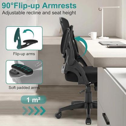Office Chair, Ergonomic Desk Chair with Adjustable Lumbar Support Breathable Mesh Computer Chair with Flip-up Armrests, Comfy Mid Back Rolling Swivel Executive Chair for Home Office, Black