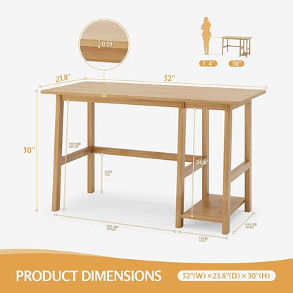 NELYE Solid Wood Computer Desk - 52" W x 24" D Modern Minimalist Table with Shelf，Sturdy Computer Workstation for Home Office, Oak