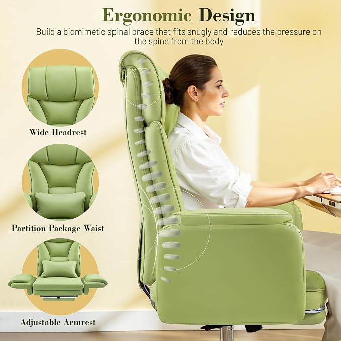 Big and Tall Office Chair, 400LBS Wide Leather Gaming Chair with Footrest, High Back Executive Chair, Reversible Armrest for Pets, 135° Reclining Cross Legged Chair with Lumbar Support(Avocado Green)
