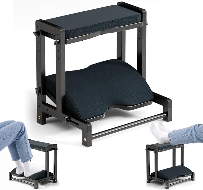 Amazer Double Step Foot Rest for Under Desk, 4 Adjustable Heights Bamboo Under Desk footrest with Soft Cushion, Dual-Layer Desk Foot Stool for Office Home Gaming, Natural Wood Foot Rests for Work
