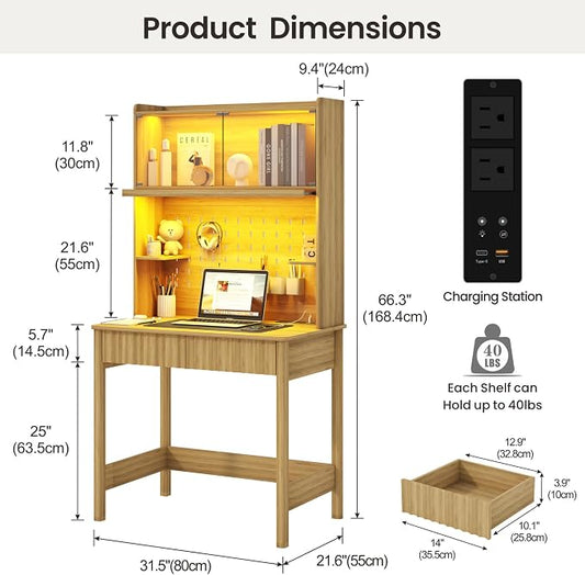 Lvifur 31.5" Small Study Desk with - Drawer & Hutch,Computer Desk with Charging Station,Compact Writing Desks with LED Reading Lights,Home Office Desks for Small Spaces,Bedroom Study Room,Natural
