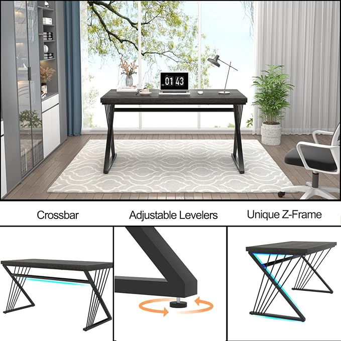 FOLUBAN Modern Home Office Desk, Rustic Wood and Metal Computer Desk, Writing Study Gaming Table PC Desks for Living Room Bedroom, Industrial Dark Gray, 53 inch
