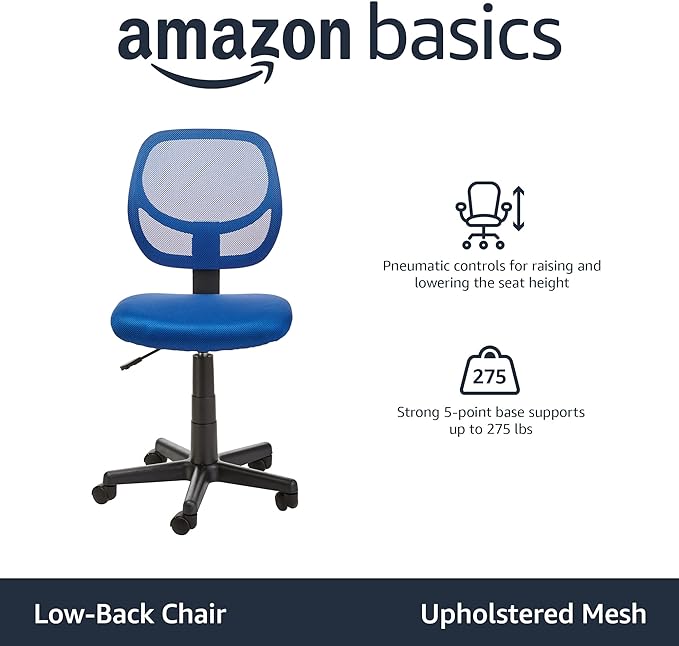 Amazon Basics Low Back Office Chair, Breathable Mesh, Height Adjustable, Padded Seat, Rolling Wheels, Swivel, Blue, 21.25" D x 22.5" W x 38" H