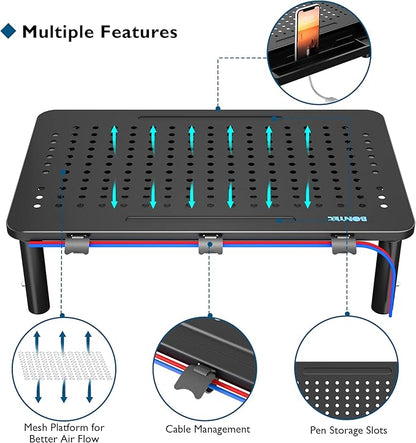BONTEC 1 Pack Adjustable Monitor Stand Riser with Drawer, Ergonomic Mesh Platform Computer Monitor Stand for Desk, Ventilated Laptop and PC Stand with Cable Management, Supports up to 44lbs