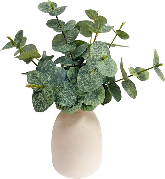 15" Artificial Eucalyptus Stems Potted Plant,Realistic Indoor Greenery Fake Silk Eucalyptus Stem with Vase,Small Minimalist Faux Bathroom Desk Plants in Vase for Home Office Shelf Decor