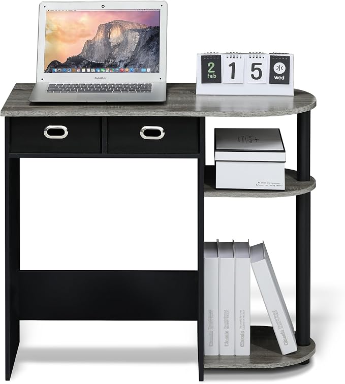 Furinno Go Green 32-Inch Brown Computer Desk, Office Desk with 2 Side Shelves and Storage Bins, Rectangular Home Office Desk, Gaming Desk for Home Office, Bedroom, Study Room, Grey Oak