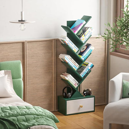 SHEEPAM 8 Tier Tree Bookshelf with Drawer, Free Standing Wood Green Bookcase for Narrow Space, Storage Organizer Bookshelves for Books, Book Case for Home Office, Living Room, Bedroom