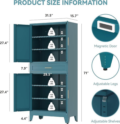 Baborokic 71" Tall Metal Storage Cabinet with Adjustable Shelves,Farmhouse Kitchen Pantry Cabinet with 2 Barn Doors and Drawer,Large Storage Cabinets for Dining Room,Bathroom,Living Room(Blue)