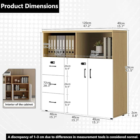 File Cabinet with Password Lock, Wood Lateral Filing Cabinet for Letter/A4 Files, 3 Drawer with Door, Printer Stand with Open Shelves for Home Office