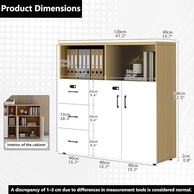 File Cabinet with Password Lock, Wood Lateral Filing Cabinet for Letter/A4 Files, 3 Drawer with Door, Printer Stand with Open Shelves for Home Office