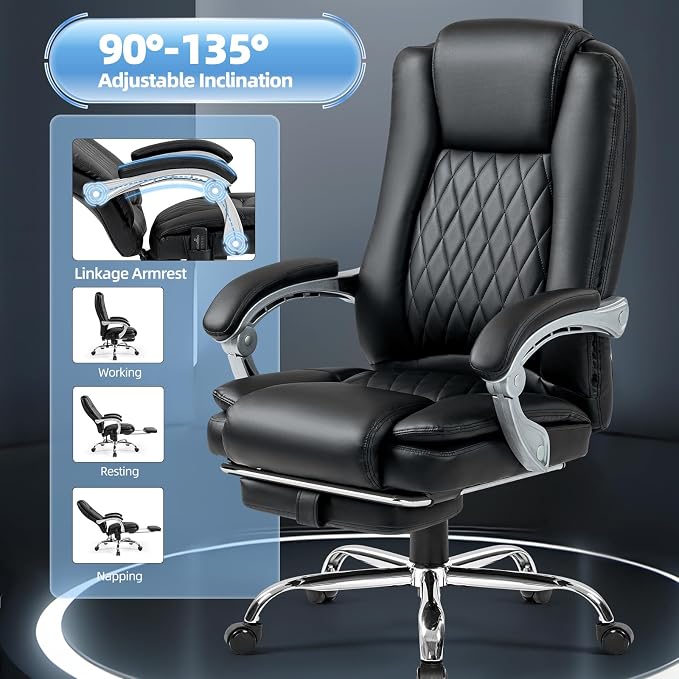Massage Office Chair with Foot Rest - Ergonomic Executive Chair, High Back Reclining Leather Desk Chair with 135° Recline, 400 LBS, 6-Point Vibration and Heat, Classic