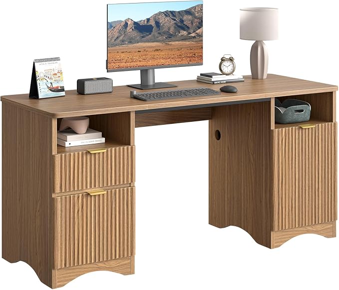Bestier 59 inch Computer Desk with 2 Drawers, Office Desk with Storage File Cabinet and 2 Open Storage Shelves, Modern Fluted Executive Desk for Home Office Bedroom, Brown Oak