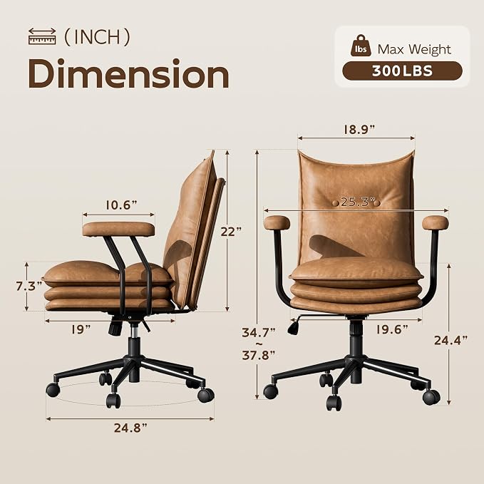 Brown Leather Office Chair with Triple-Layer Seat, Home Desk Chair | Comfy 7.3-inch Thick Cushion, Mid Back Ergonomic Support for Long Hours, Smooth Silent Wheels, Mid-Century Vintage Style