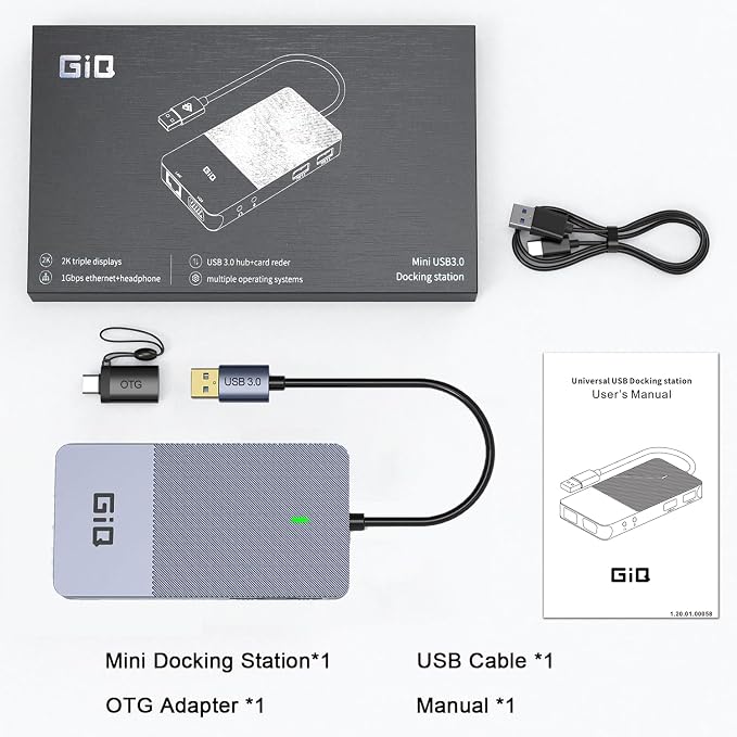 USB Docking Station GIQ USB C HUB USB 3.0 to Dual HDMI VGA Adapter Triple Display USB C Laptop Docking Station Dual Monitor HDMI Splitter Extender Compatible with MacBook M1 M2 M3 M4 M5 USB Dock