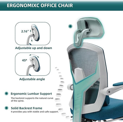 DUMOS Office Desk Computer Chair with Footrest, Ergonomic Mesh Swivel Gaming Chair with Rolling Wheels, Comfortable Headrest, Lumbar Support, Comfy for Home, Office, Task, Student, Elegant Blue