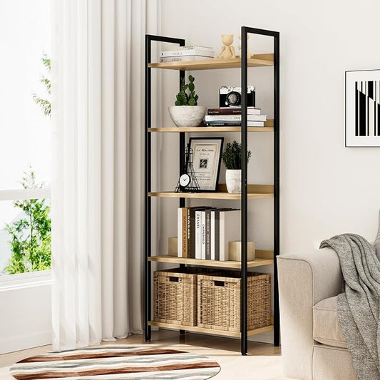 NUMENN Bookshelf, 5 Tier Bookshelves, Home Office Bookcase Shelf Storage Organizer, Free Standing Storage Shelving Unit for Bedroom, Living Room and Home Office, Natural