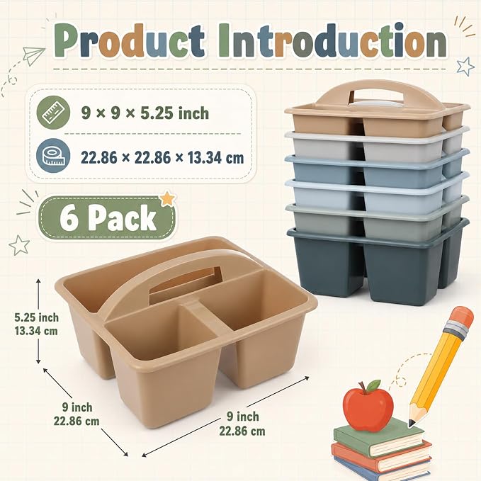 6 Pack 3 Compartment Small Caddy Plastic Classroom Organizer with Handle Portable Teacher Supply Storage Caddy Craft Art Caddies for Pencil, Crayon, Marker, Home, Office, School Supplies(Muted Nordic)