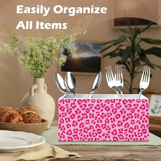 DILSJ Pink Cheetah Print Pen Pencil Holder Organizer for Desk, Cheetah Print Room Decor, Leopard Wooden Box Signs for Women Home Office Desk Tabletop Decoration