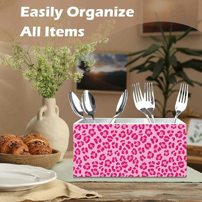 DILSJ Pink Cheetah Print Pen Pencil Holder Organizer for Desk, Cheetah Print Room Decor, Leopard Wooden Box Signs for Women Home Office Desk Tabletop Decoration