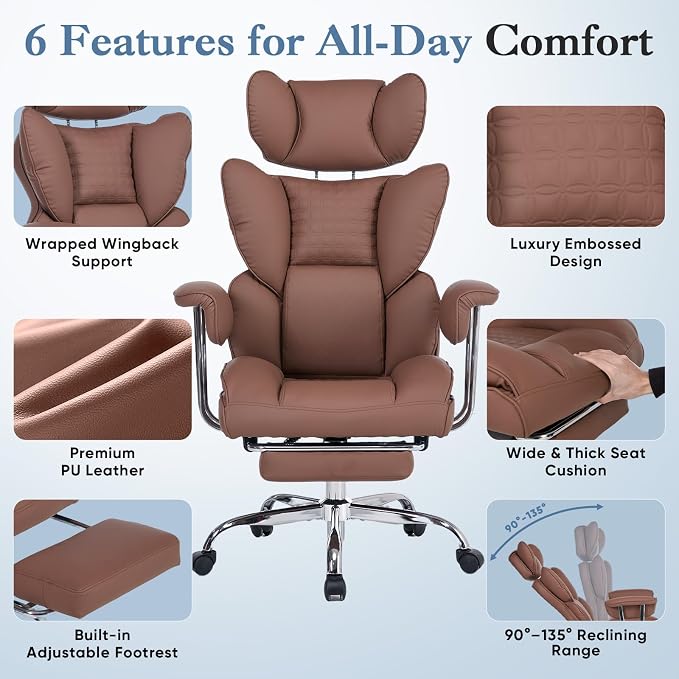 DUMOS Big and Tall Office Chair 400 LBS, Scratch-Resistant PU Leather Executive Office Desk Chair with Footrest, Ergonomic Reclining Computer Chairs with Pocket Spring Support, Brown