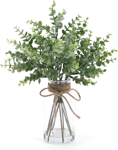 Coferset Eucalyptus Stems in Glass Vase with Faux Water, 14" Eucalyptus Fake Plants for Home Bathroom Counter Office Kitchen Farmhouse Shelf Centerpiece Coffee Table Decor(Sage Green)