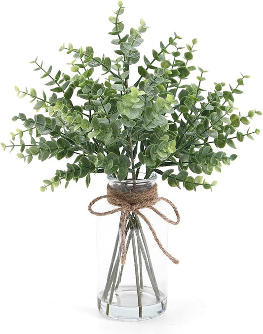 Coferset Eucalyptus Stems in Glass Vase with Faux Water, 14" Eucalyptus Fake Plants for Home Bathroom Counter Office Kitchen Farmhouse Shelf Centerpiece Coffee Table Decor(Sage Green)