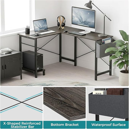 OLIXIS 50-Inch L Shaped Desk, Grey Office Computer Gaming Desk Corner PC Table with Side Bag and Reversible Shelf for Home Work Study Writing, Sturdy Durable Design with Easy Setup