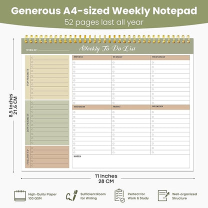Weekly To Do List Notepad with 52 Undated Sheets（8.5"×11"）- Undated Weekly Planner Notepad for Office Desk Accessories and Supplies - Forest Shades