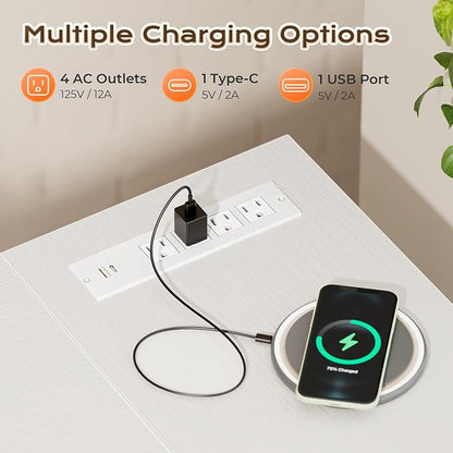 Huuger 63 Inch L Shaped Desk with Power Outlets and USB-C Port, Reversible Computer, Larger Office Corner Gaming Desk, 0.95 Inch Thicker Desktop, Metal Frame, for Home Office, Study, White