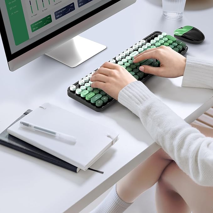 Wireless Keyboard and Mouse Combo, 2.4GHz Gradient Colorful Full-Size Retro Typewriter Keyboard with Wireless Mouse for PC/Desktop/Laptop/Windows (Black Green)