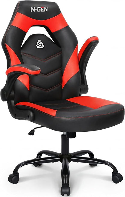 N-GEN Video Gaming Chair Ergonomic Computer Desk Office Chair with Lumbar Support Adjustable Height Swivel Wheels Flip-Up Arms PU Leather Home and Office (Classic Red)