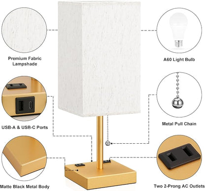 aooshine Medium Table Lamp with USB Ports - 3 Color Temperature Bedside Lamp for Bedroom, Pull Chain Control, USB A and C Ports, 2 AC Outlets, Bulb Included