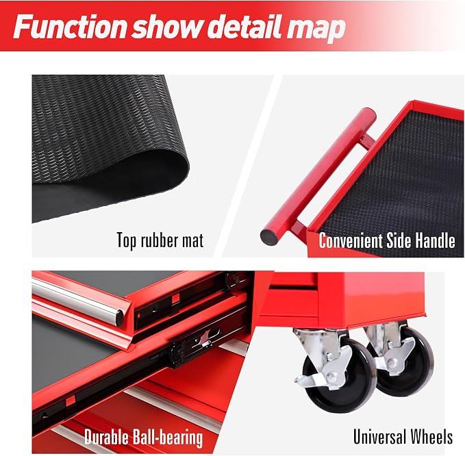 RYH 7 Drawers Rolling Tool Chest & Tool Box on Wheels | Heavy Duty Metal Cart with Ball Bearing Drawers | Fits US General Tool Box for Garage Storage (Red-6, 7 Drawers（29.6" H × 24.4" W × 13" D)